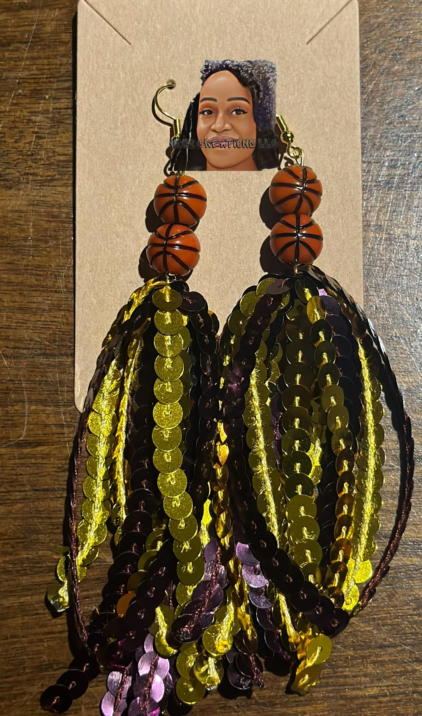 Sequin Tassel Earrings w/basketball charm